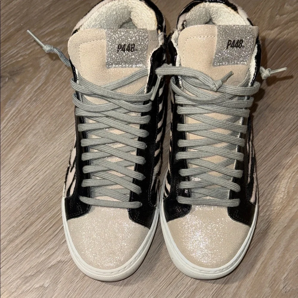 P448 Skate Sneaker Women's Zebra Pony Hair High Top Glitter - Picture 1 of 7